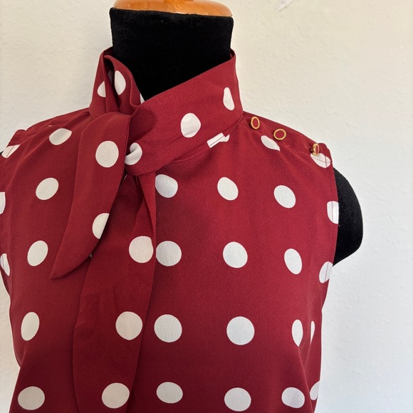 Ann Taylor Burgundy Polka Dot Sleeveless Blouse with Neck Tie - Picture 2 of 8